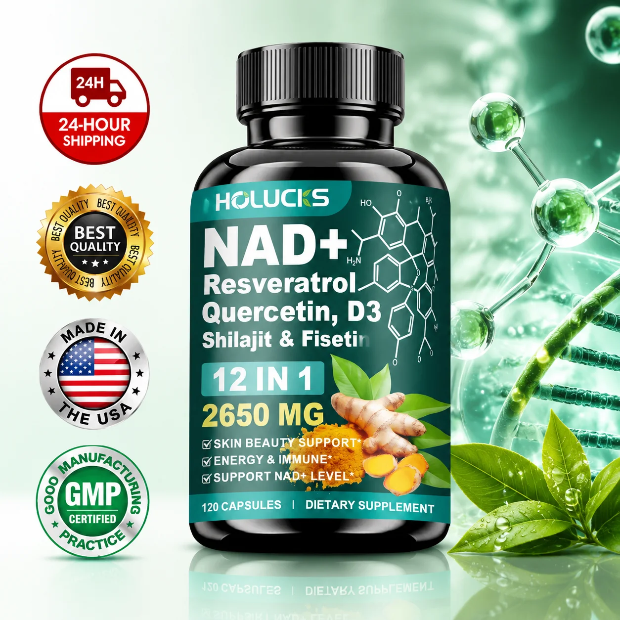 Health Wellness Day - 高効力NAD+サプリメント、ケルセチン、フィセチン配合、日々の活力、肌と爪の健康、免疫、全体的な健康をサポート